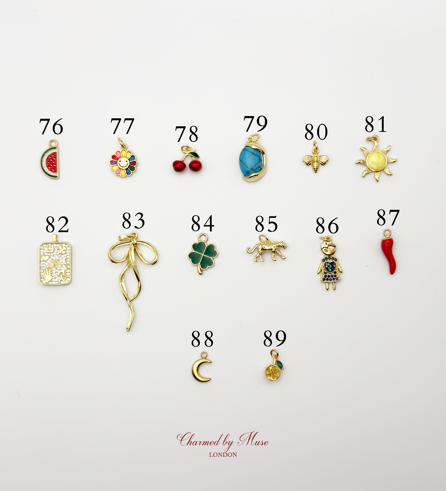 Charmed by Muse custom bag pin options from 76-89