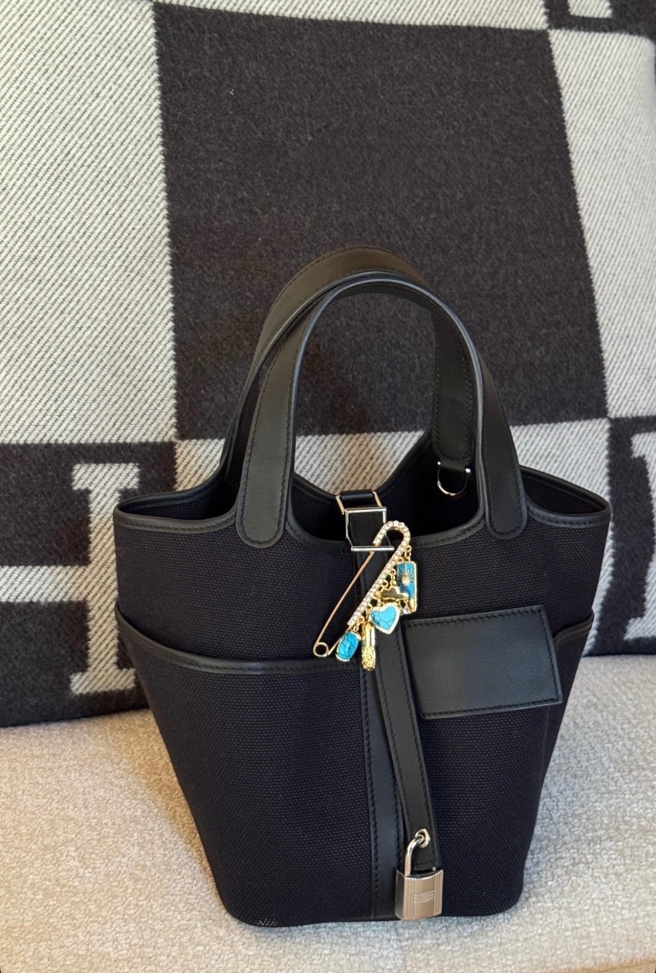 Black Cargo Hermes Picotin with Turquoise Coast Bag Pin